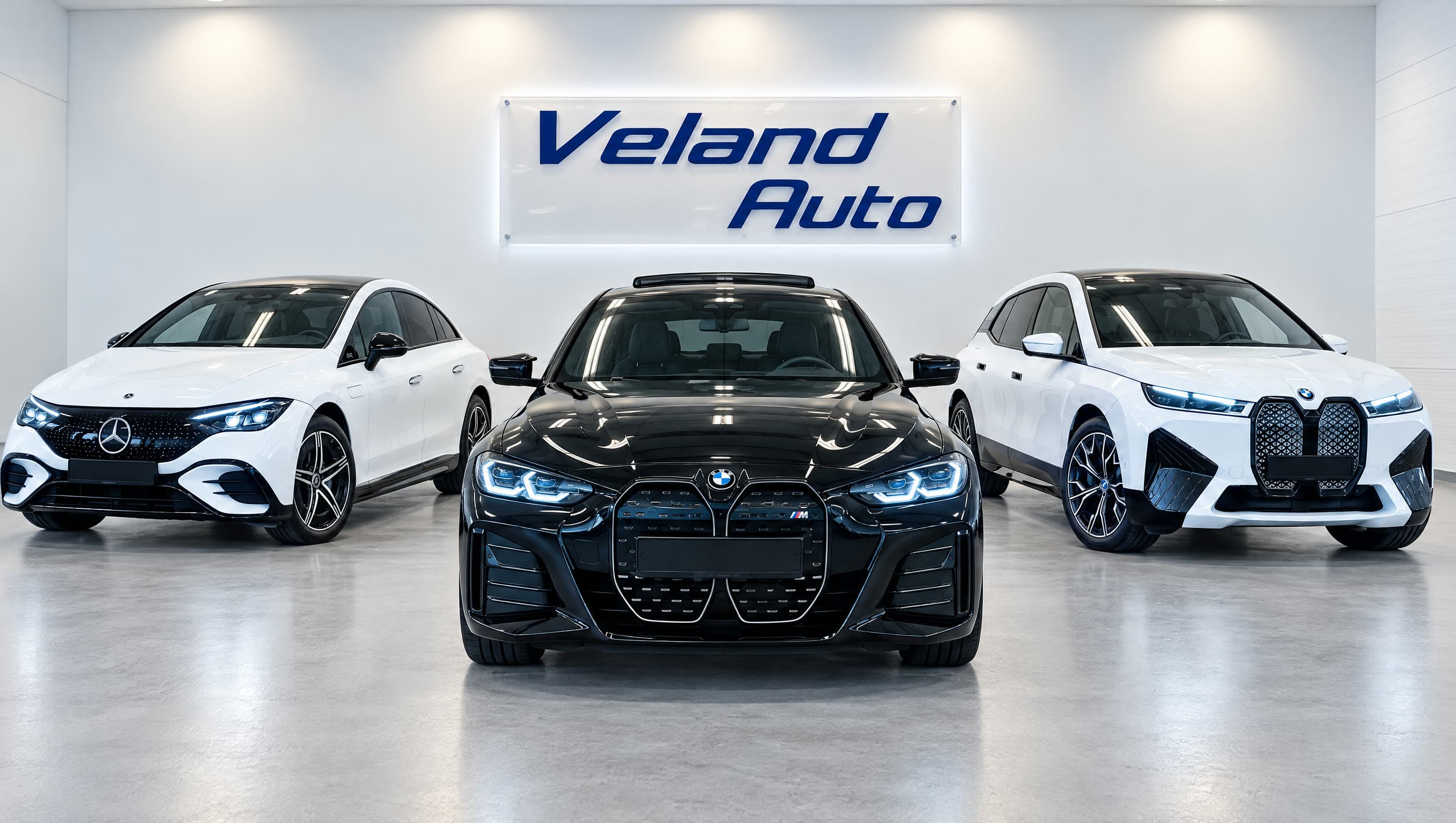 Mercedes EQE, BMW i4 og BMW iX i utstillingslokalet til Veland Auto